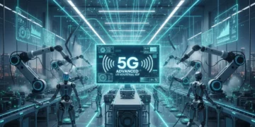 Futuristic factory with 5G Advanced Industrial IoT integration