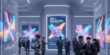 AI-generated art displayed in a modern gallery, with collectors assessing its financial value and impact.