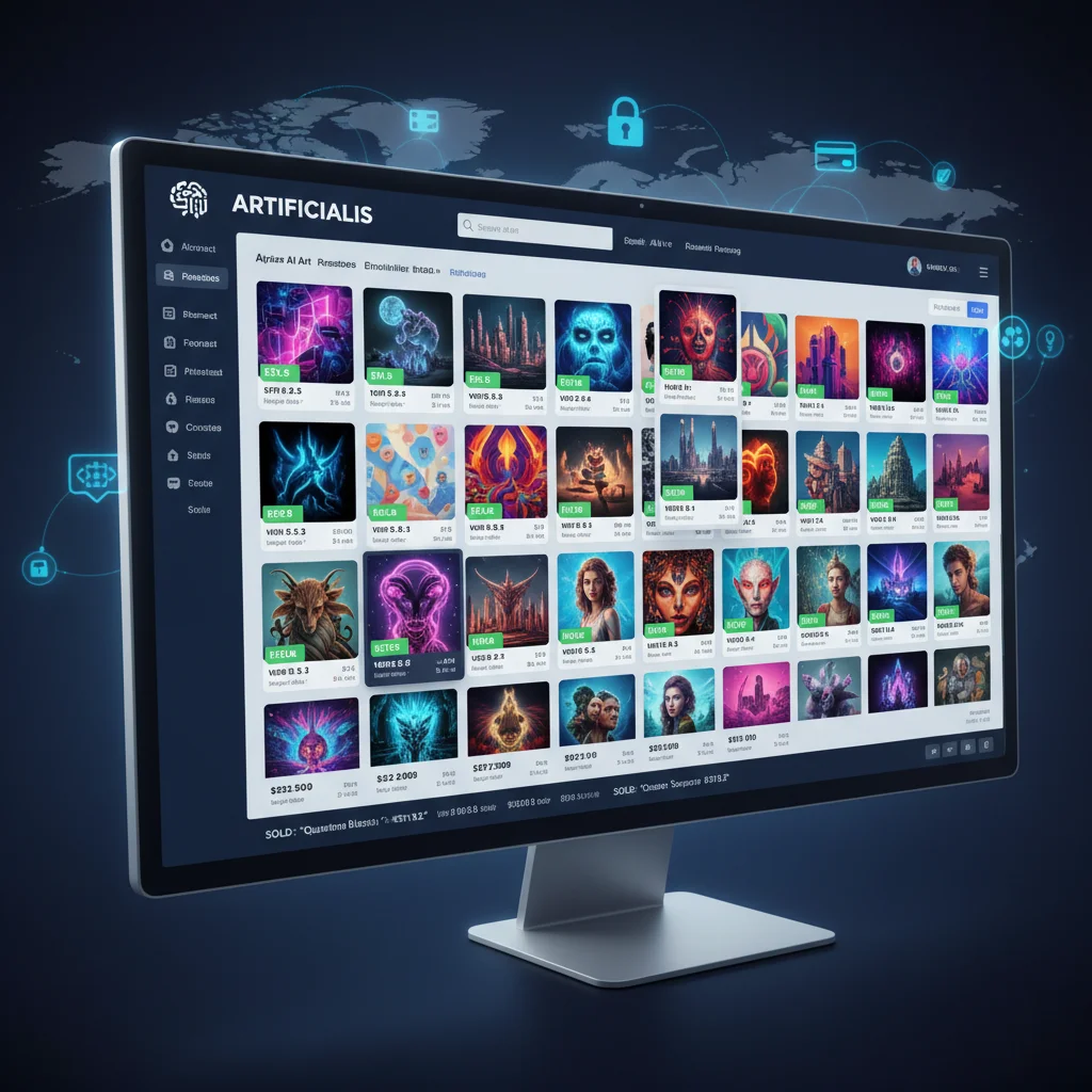 Online marketplace showcasing AI-generated art for sale, illustrating the digital economy of AI art.