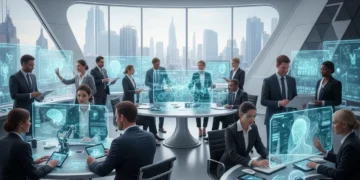 Professionals collaborating with AI interfaces in a futuristic office, symbolizing the integration of AI in the workplace by 2027.