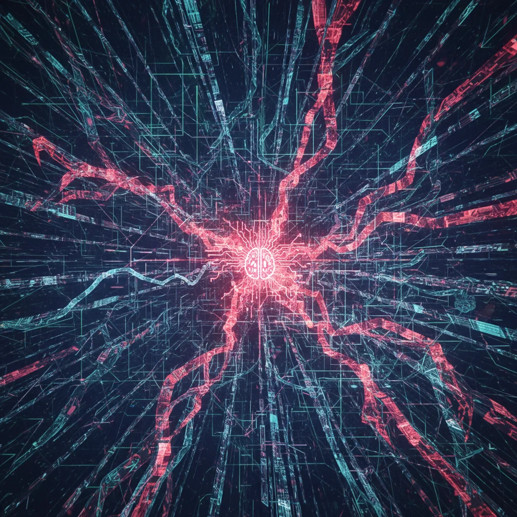 AI-driven cyberattack spreading through a complex digital network, illustrating advanced persistent threats.