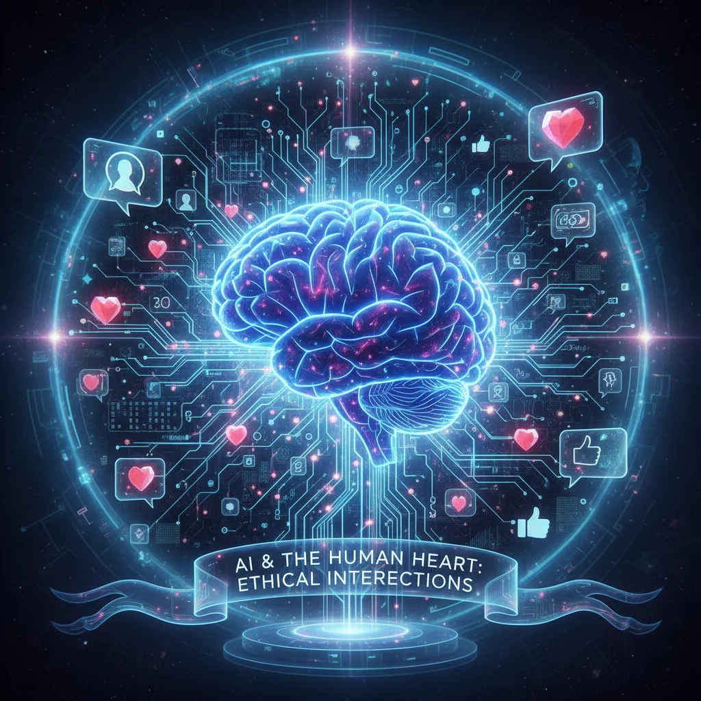 Stylized brain with neural pathways connecting to digital symbols, representing ethical considerations in AI and human emotions.