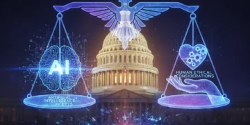 Digital scales balancing AI ethics and policy with a U.S. Capitol background, symbolizing future regulation.