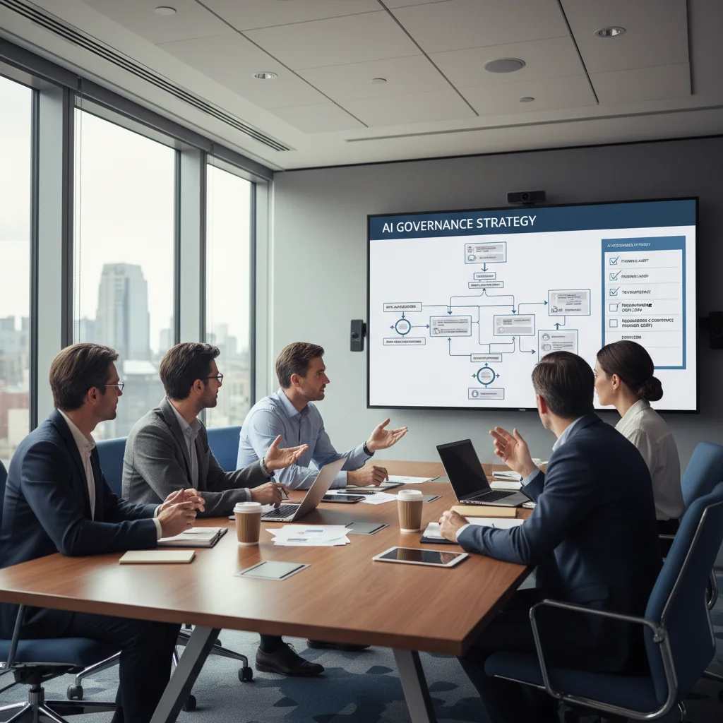 Team collaborating on AI governance and compliance strategies.
