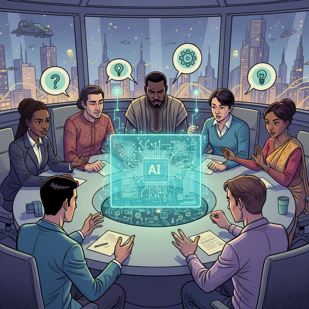 Policymakers and tech experts debating AI algorithms and data flow with a holographic projection.