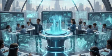 Students and teachers collaborating in an AI-powered classroom of the future.