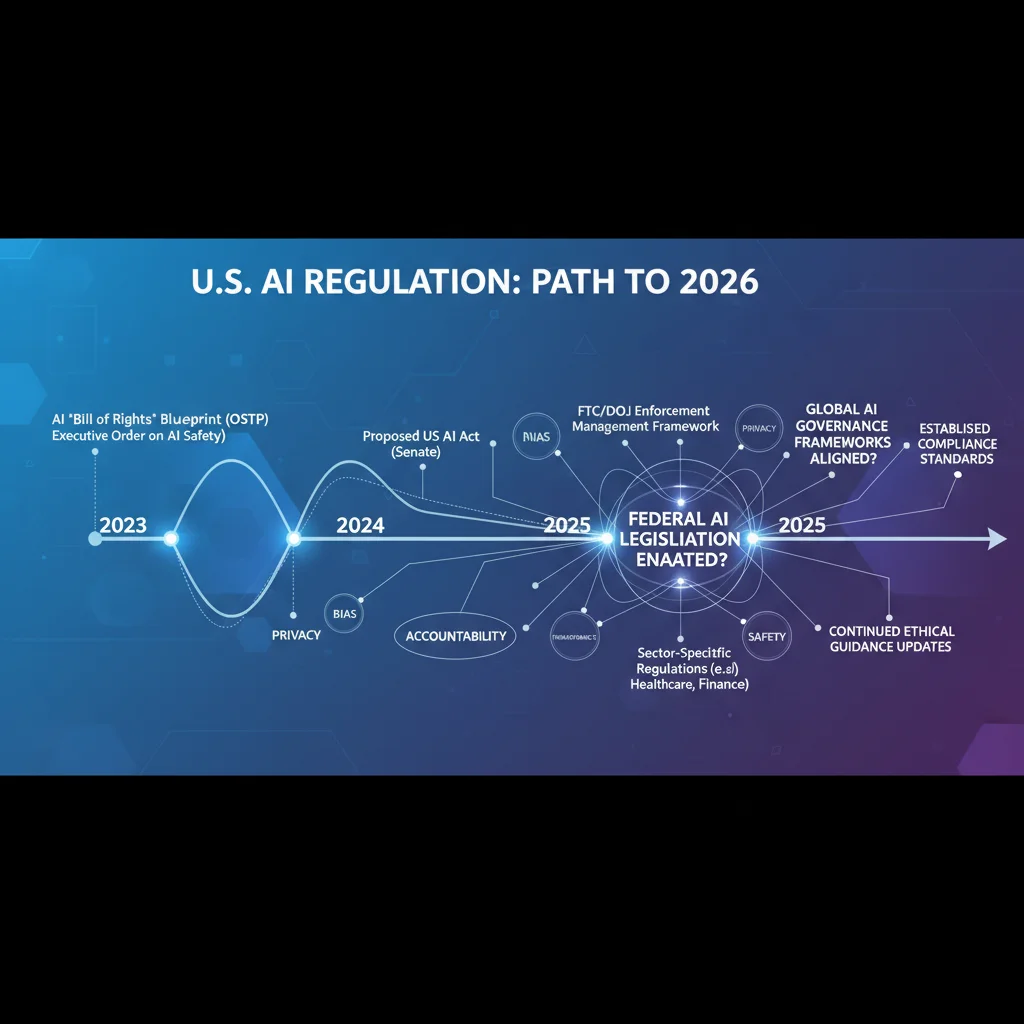 Timeline showing U.S. AI regulation milestones up to 2026, highlighting privacy, bias, and accountability.