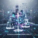 Futuristic digital network symbolizing AI regulation and compliance for tech startups.
