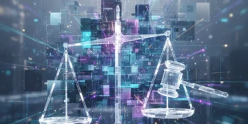 Futuristic digital network symbolizing AI regulation and compliance for tech startups.