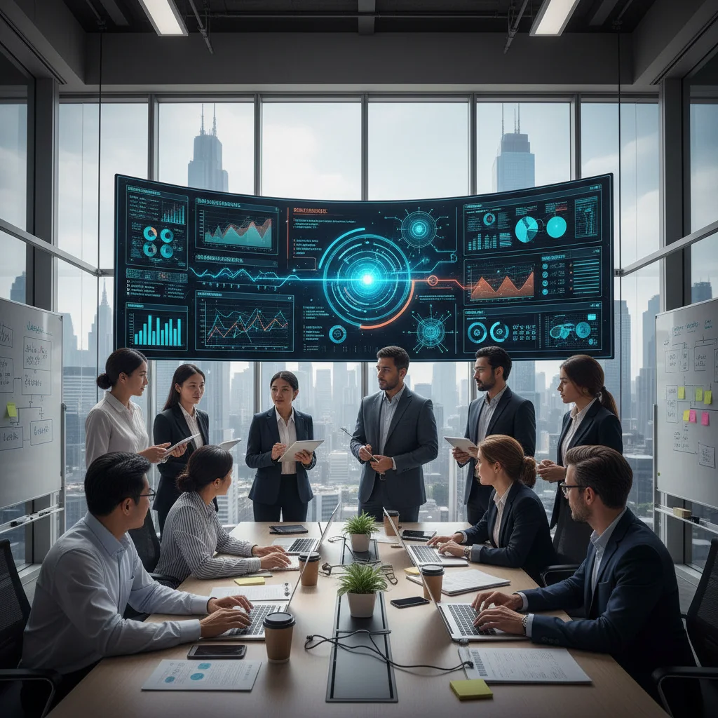 Team collaborating on real-time data analytics and AI model performance metrics.