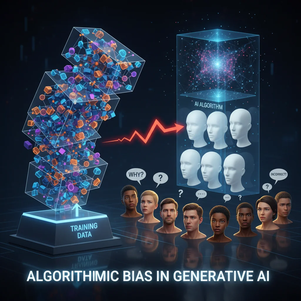 Skewed data sets and diverse faces symbolizing algorithmic bias in AI content generation.