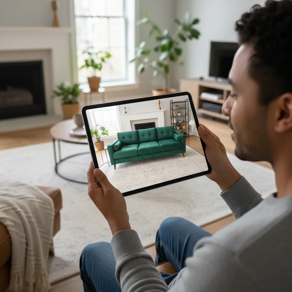 Customer virtually trying furniture with augmented reality app