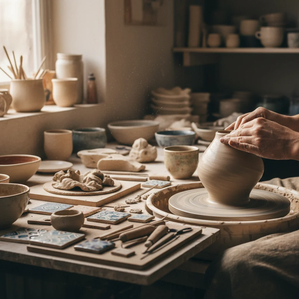 Artisan's hands crafting a ceramic piece, surrounded by handmade goods.