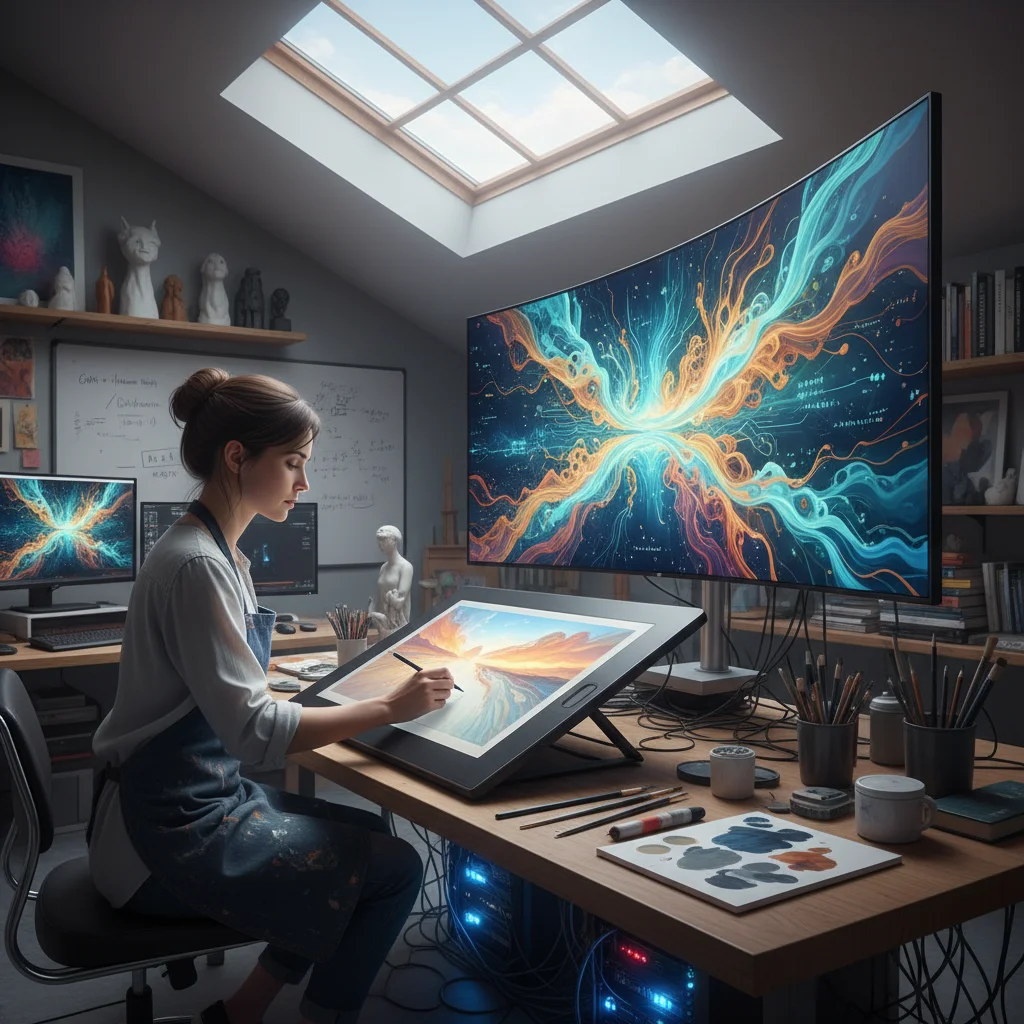 Artist collaborating with AI to create new artworks, blending human creativity with technological assistance.