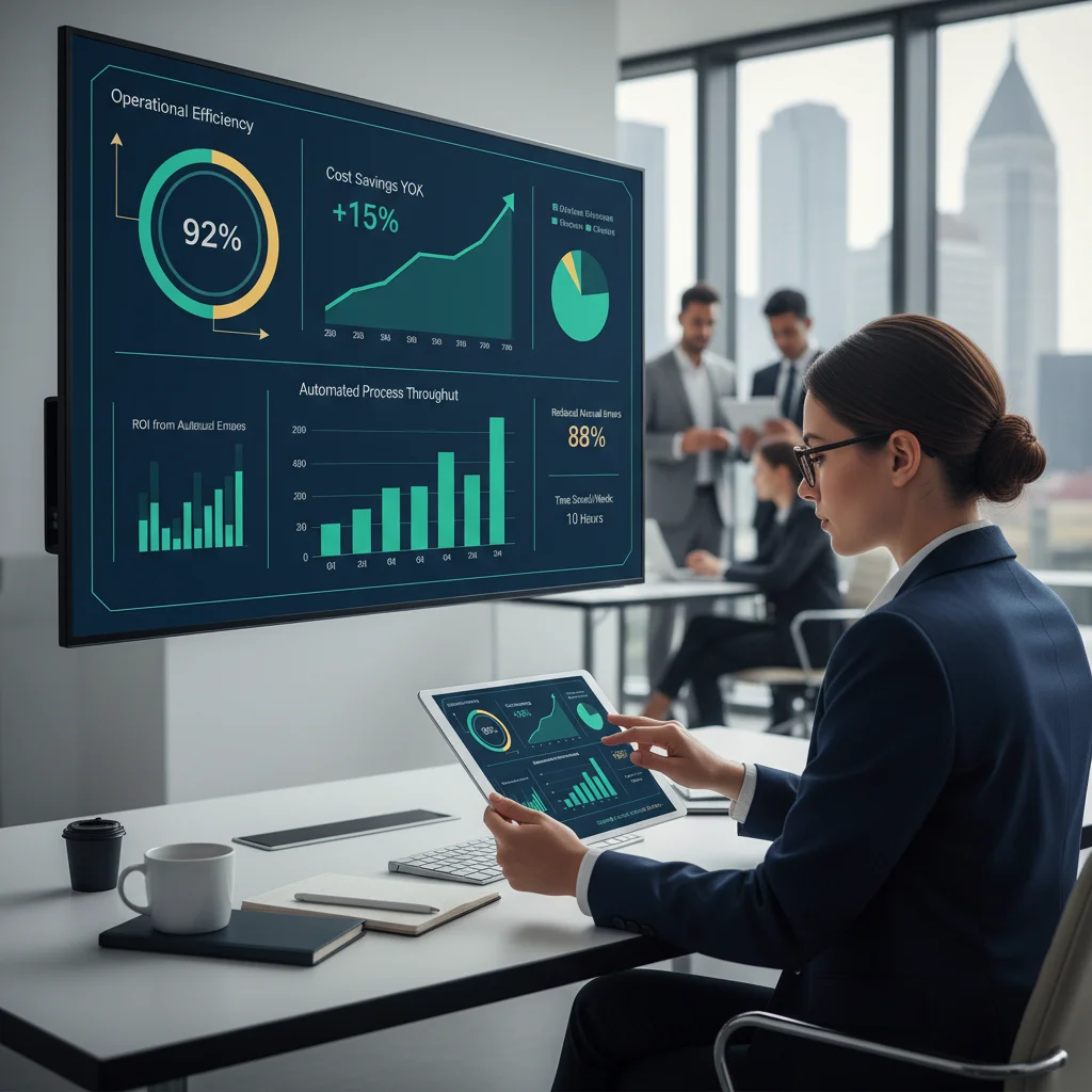 Business analytics dashboard showing positive KPIs and cost savings from automation, with a professional reviewing data.