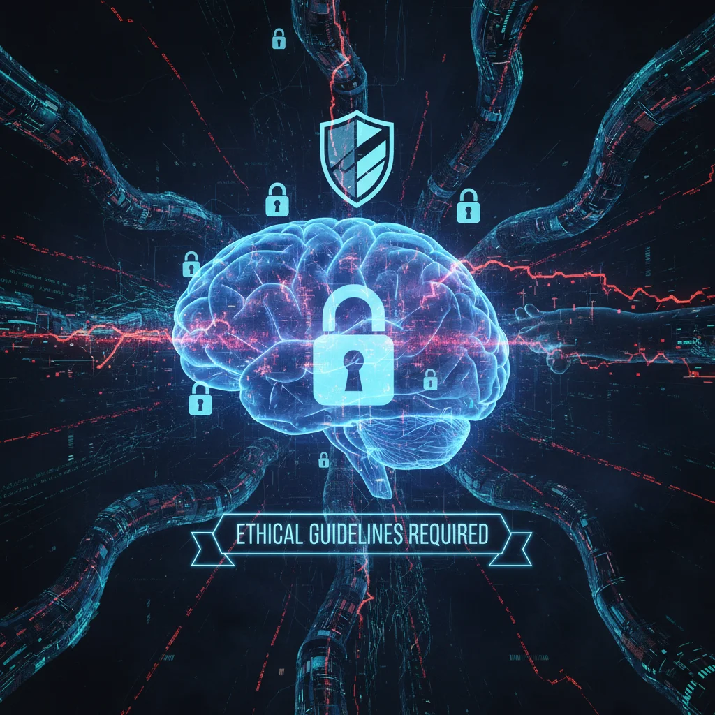 Conceptual representation of BCI data privacy and security, with brain, locks, and data streams.