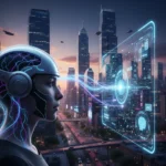 Brain-Computer Interface device user interacting with digital world, symbolizing future technology integration.