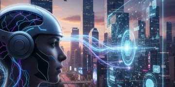 Brain-Computer Interface device user interacting with digital world, symbolizing future technology integration.