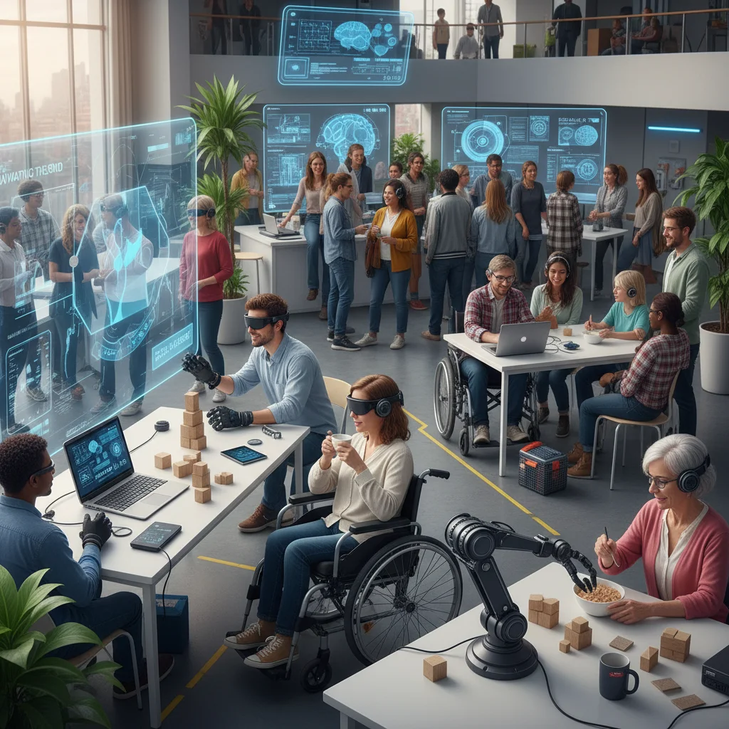 Diverse individuals using BCIs for accessibility and communication, highlighting inclusive technology.