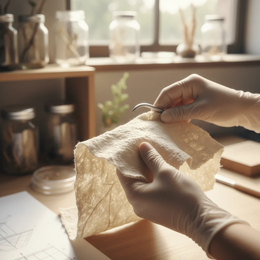 Hands examining innovative bio-materials for sustainable clothing production