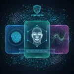 Futuristic digital interface showing biometric authentication methods for US data security.