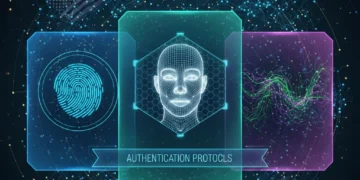 Futuristic digital interface showing biometric authentication methods for US data security.