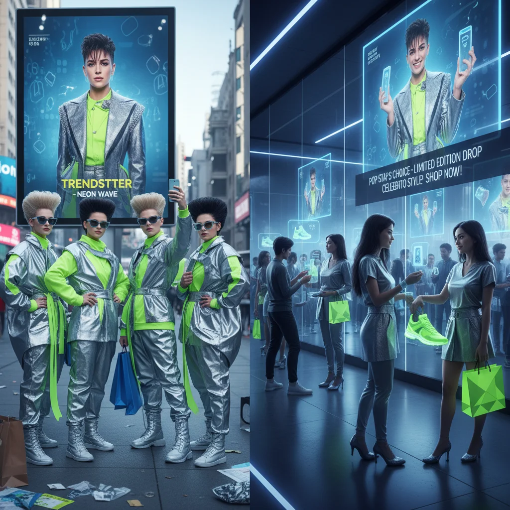 Youth adopting celebrity fashion and consumers buying endorsed products in a futuristic setting