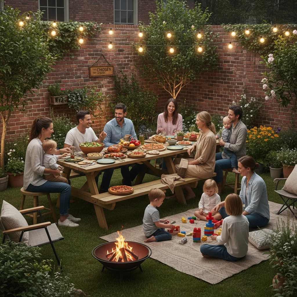 Chosen family enjoying a potluck dinner outdoors