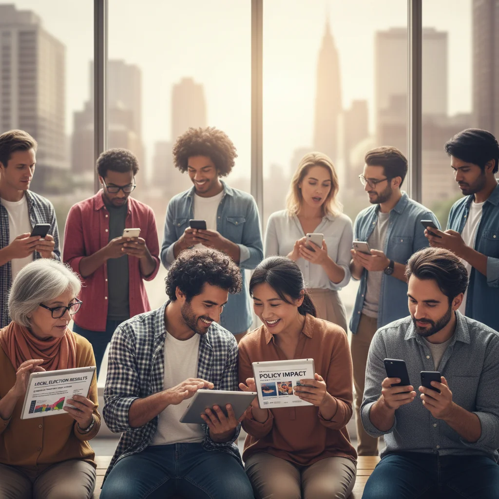 Diverse individuals engaging with political content on mobile devices, reflecting civic participation.