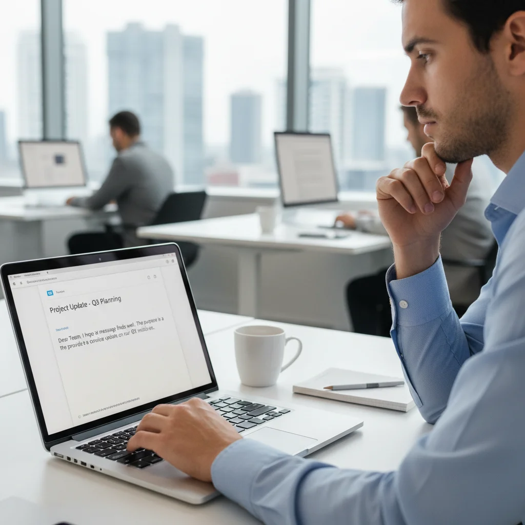 Person thoughtfully crafting a professional email, emphasizing clear and concise digital communication.