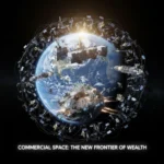 Earth from space with satellites, space factory, and asteroid mining operation illustrating commercial space investment.