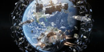 Earth from space with satellites, space factory, and asteroid mining operation illustrating commercial space investment.