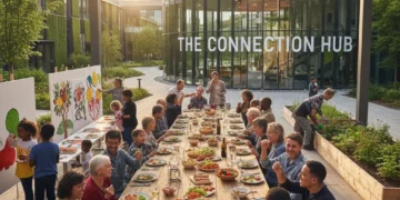 Diverse community members engaging in a joyful, connecting social program activity, fostering well-being.