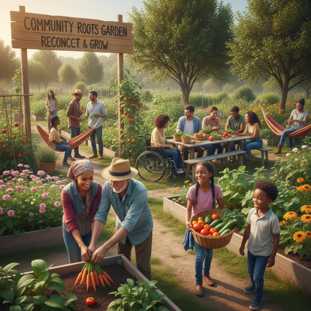 Diverse community members working together in a lively urban garden.