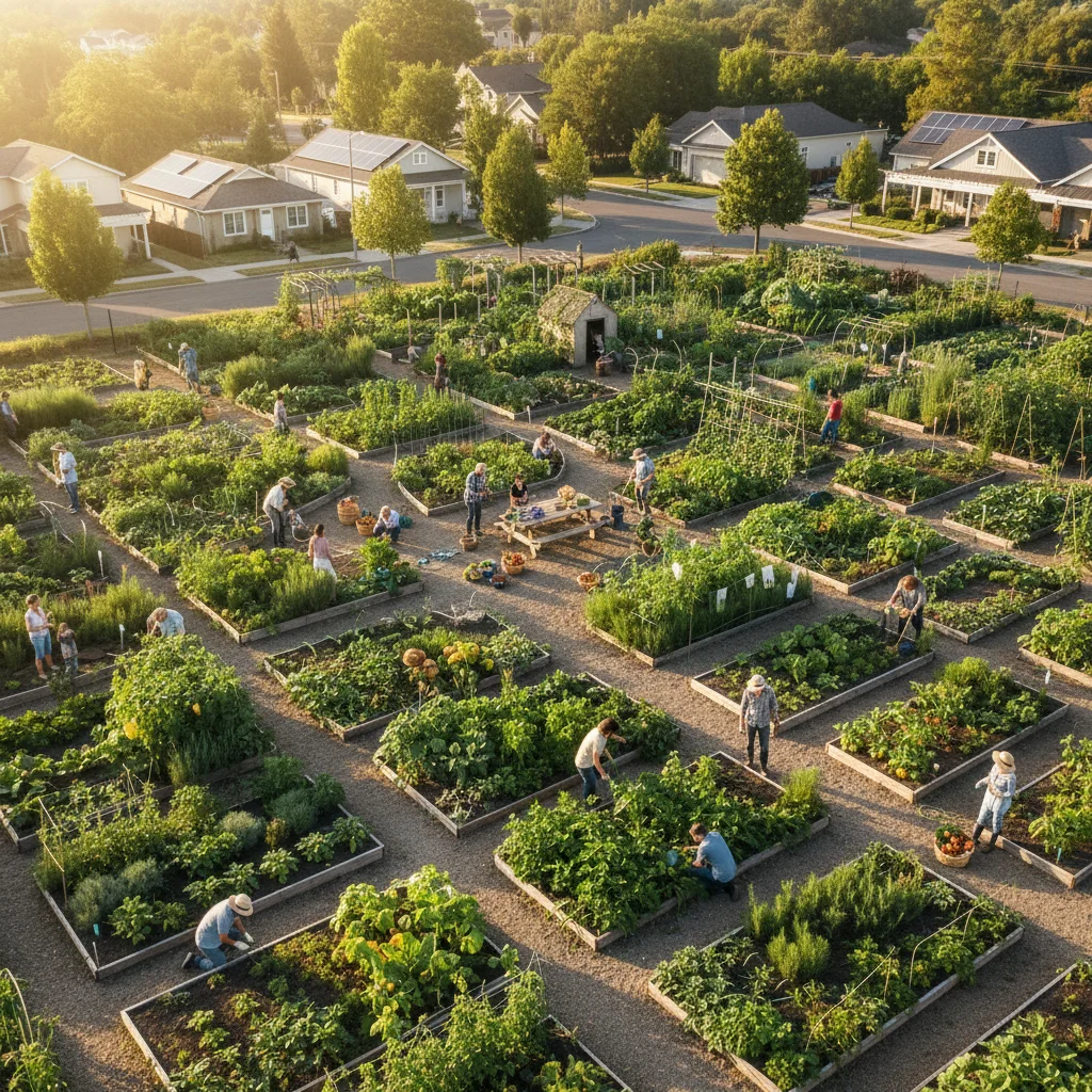 Community garden with people harvesting organic produce, illustrating local food systems.