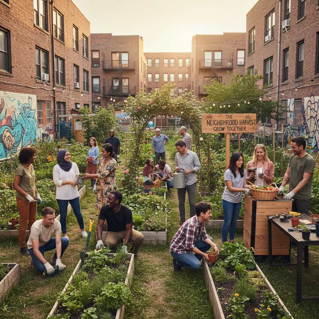 Diverse community members engaged in a vibrant urban garden, fostering local collaboration and shared experiences.