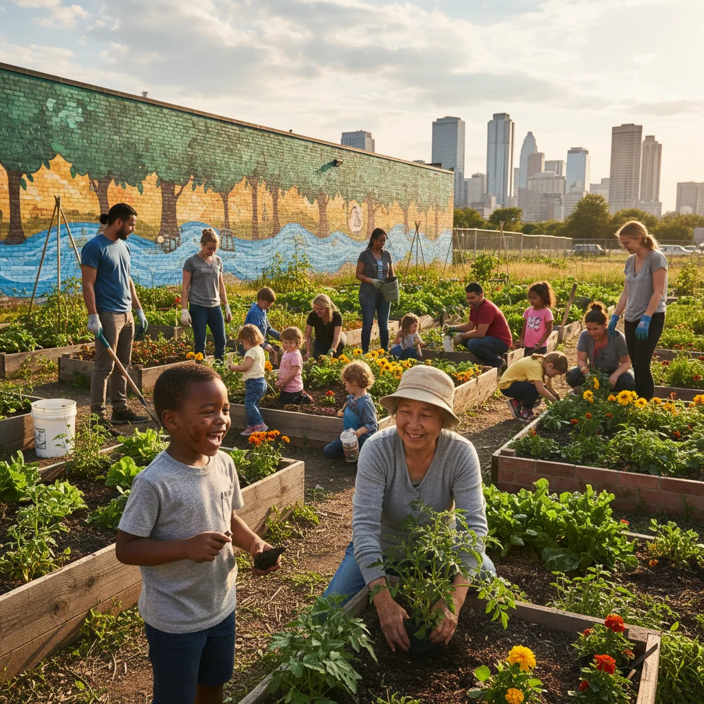 Community garden project with diverse volunteers, including children, planting together.