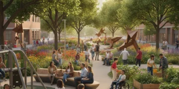 Diverse community enjoying a vibrant, revitalized urban park