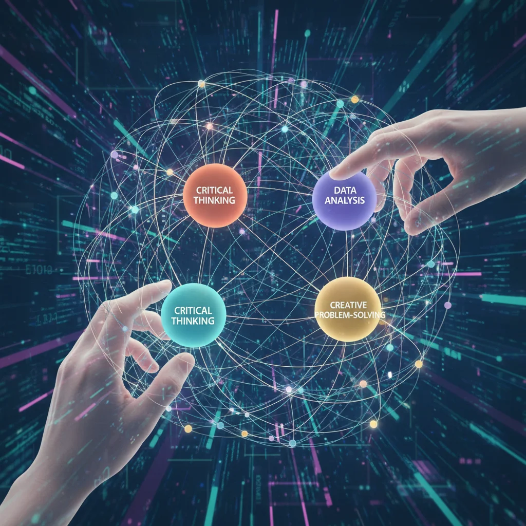 Interconnected concepts of critical thinking, data ethics, and creative problem-solving in an AI context, representing complex skill integration.