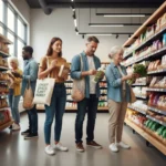Consumers thoughtfully choosing ethical products in a modern supermarket