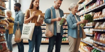 Consumers thoughtfully choosing ethical products in a modern supermarket
