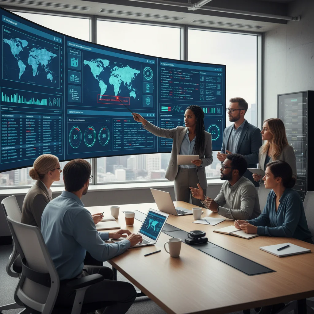 Cybersecurity team analyzing real-time threat intelligence on a hybrid cloud dashboard