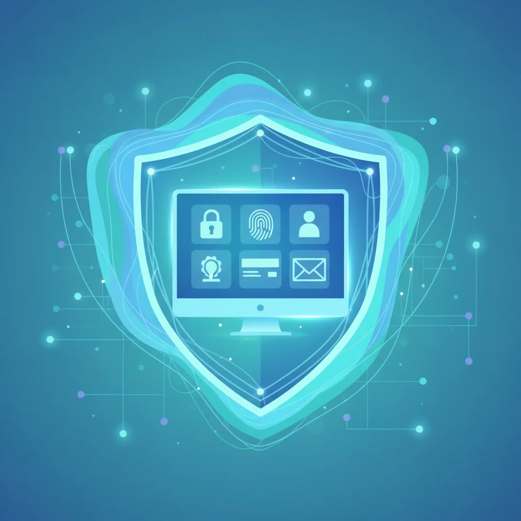 Abstract digital shield icon representing data privacy and online security, protecting personal information.