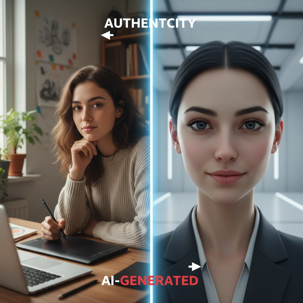 Distinction between human creator and AI deepfake, highlighting authenticity and transparency.