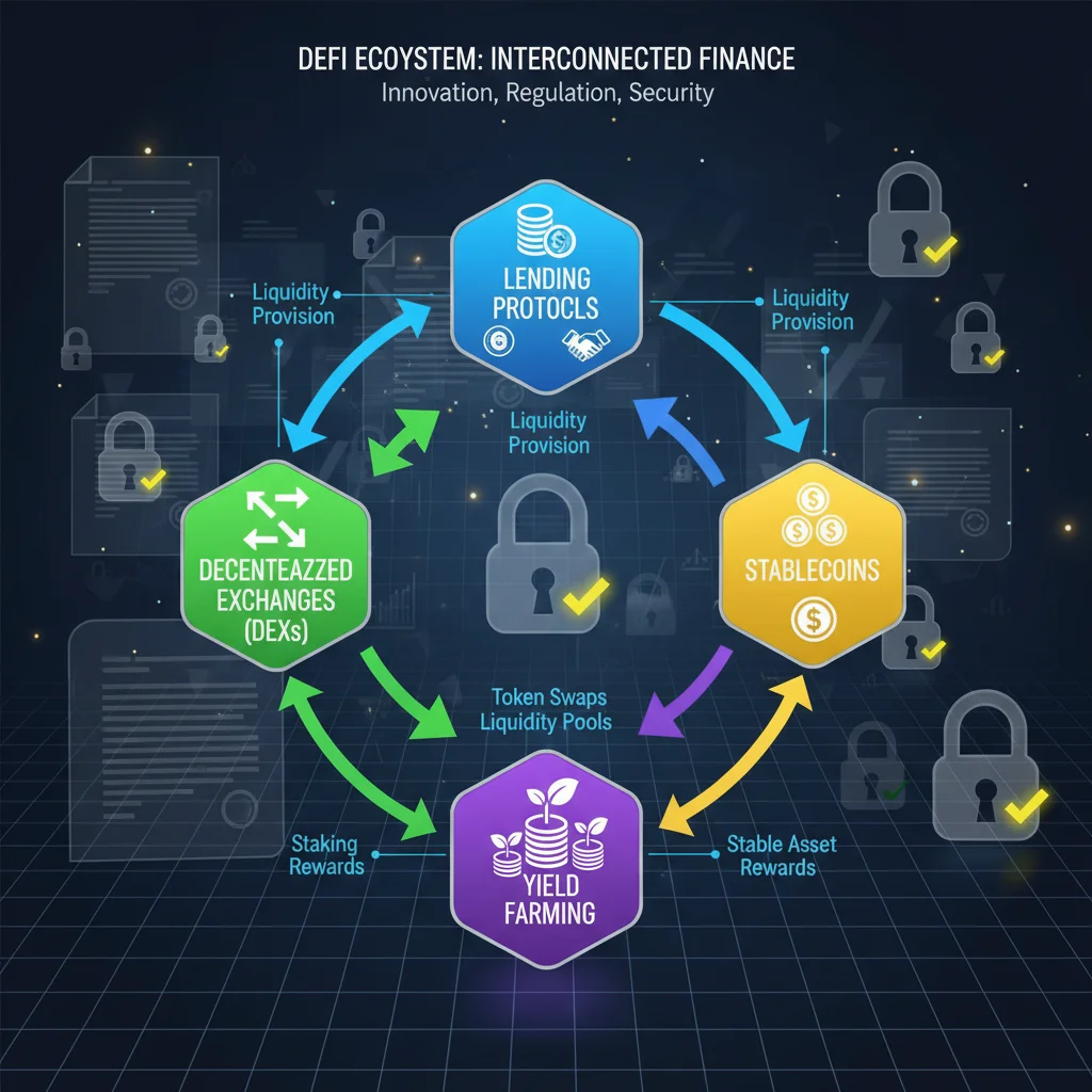 DeFi ecosystem components, decentralized exchanges, lending protocols, stablecoins, yield farming, regulatory compliance, blockchain security.