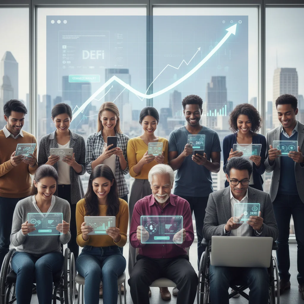 Diverse users engaging with DeFi applications, financial inclusion, digital asset access, global adoption, blockchain technology accessibility.