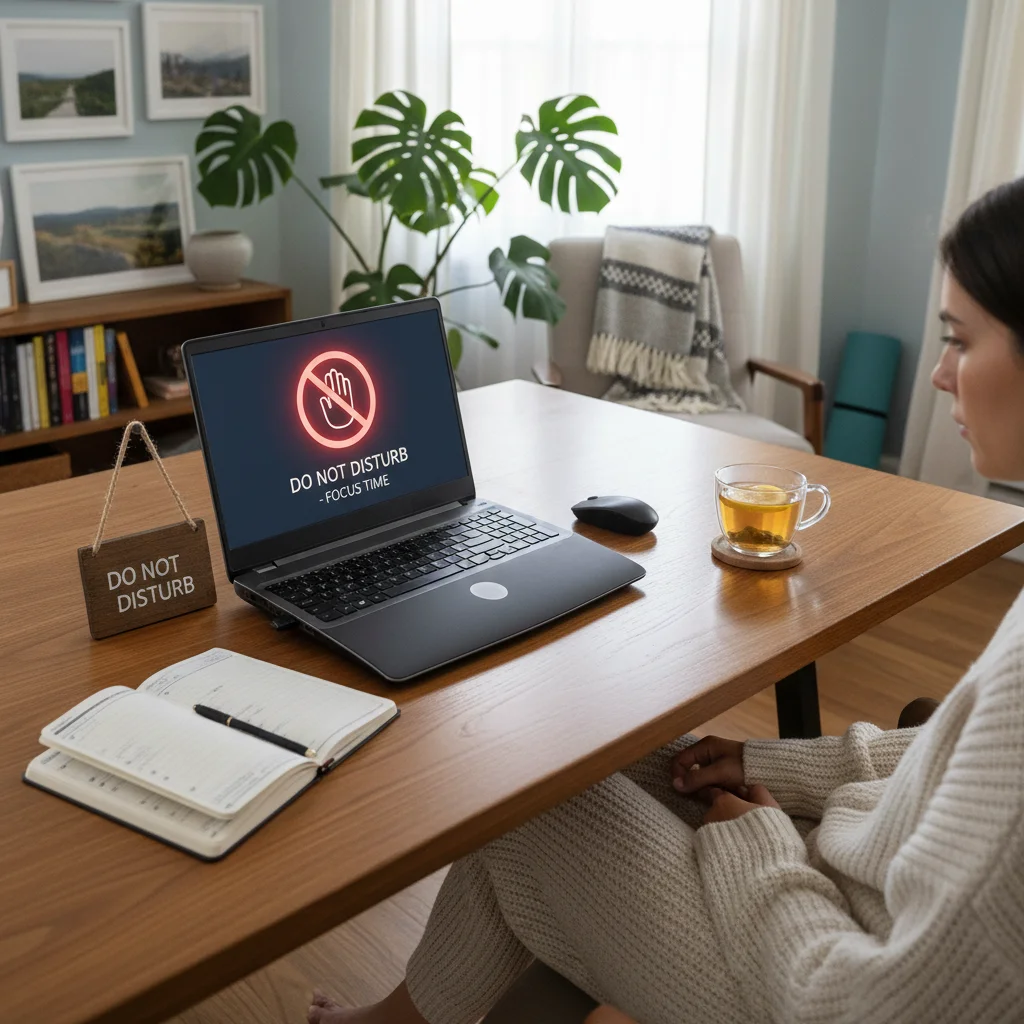 Home office with 'Do Not Disturb' sign, promoting focused work and digital boundaries.