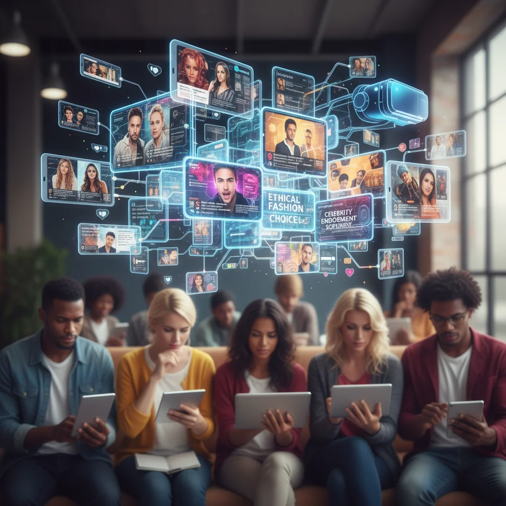 Digital platforms showcasing celebrity content and individuals engaging in conscious consumption
