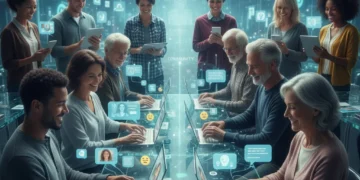 Diverse individuals respectfully interacting online with digital devices, exemplifying good digital etiquette.