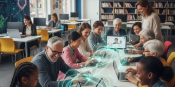 Diverse community members using digital devices in a modern learning center, symbolizing digital inclusion.